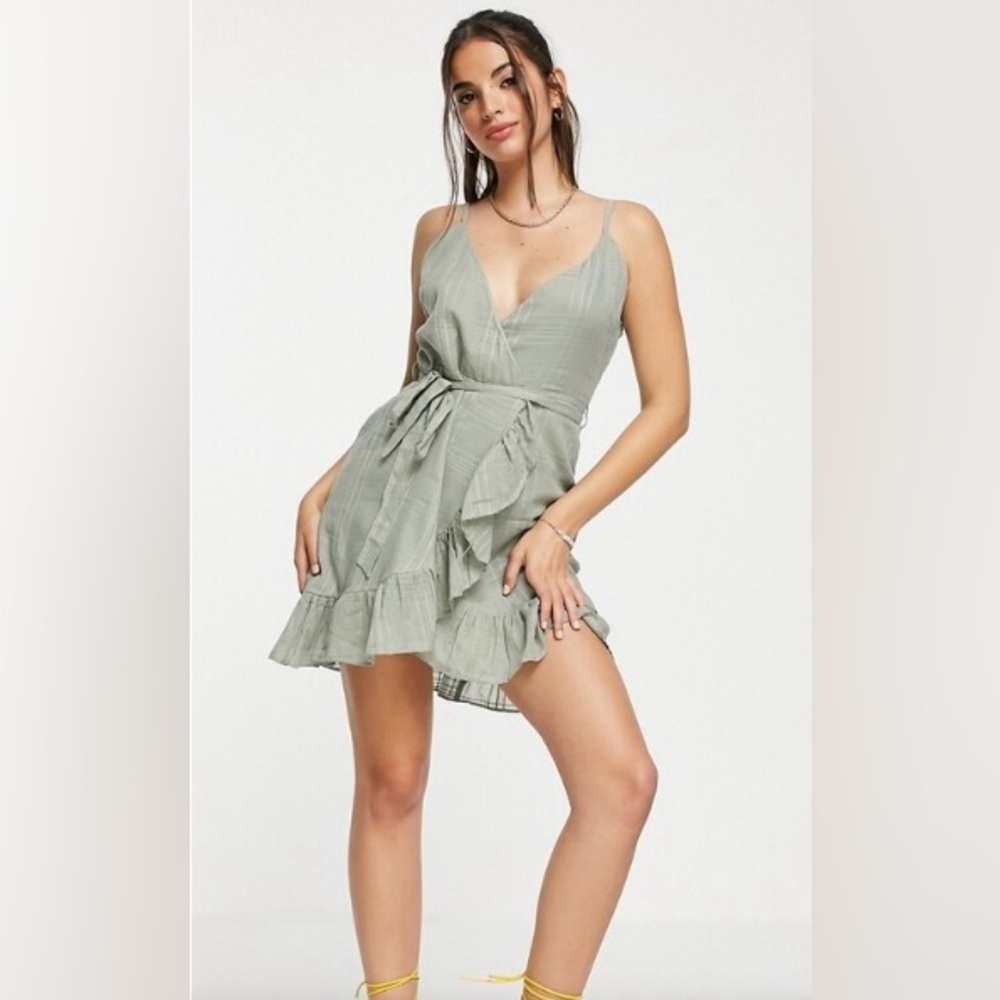 ASOS DESIGN tie wrap around mini sundress in self grid check in khaki